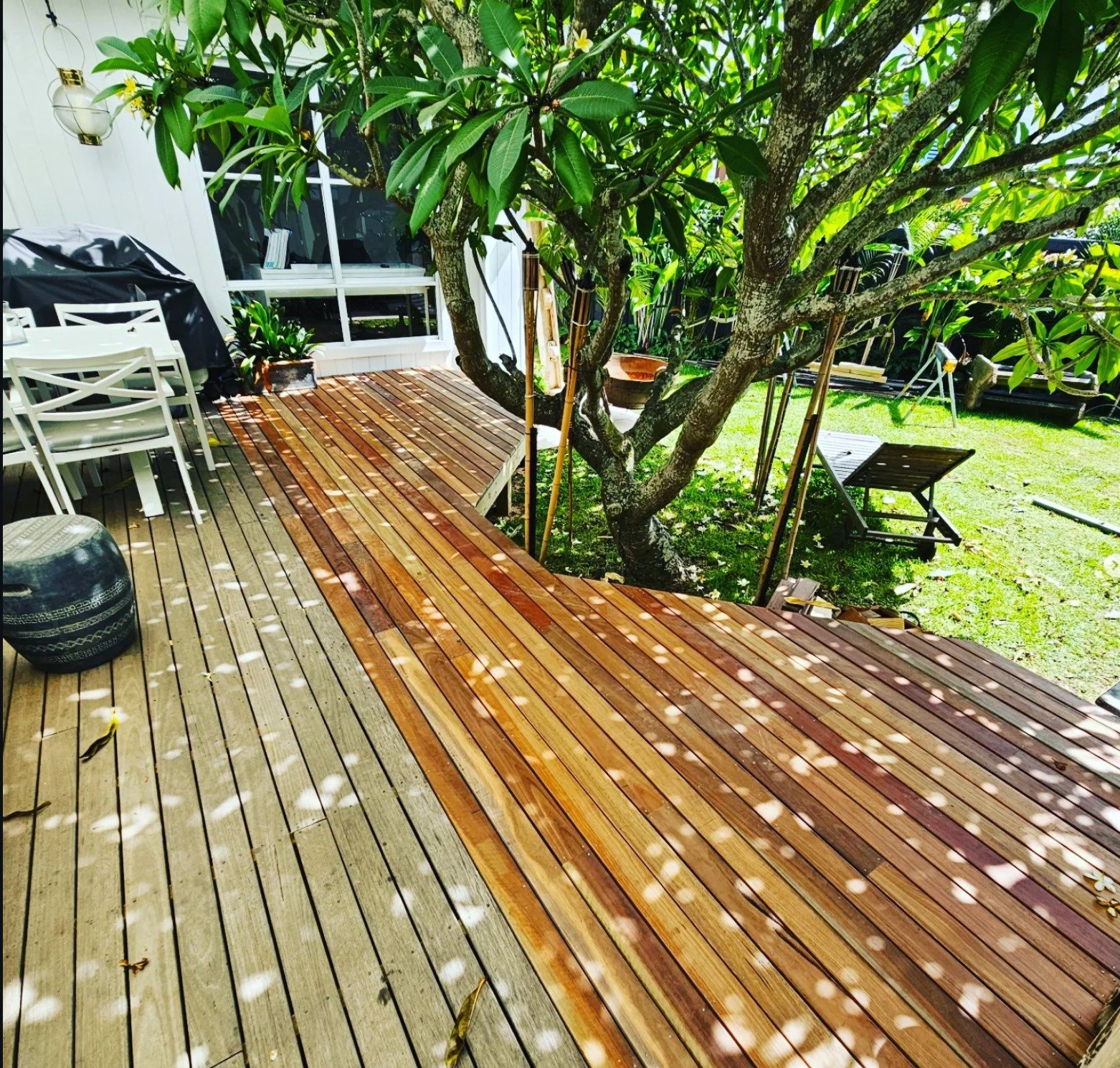 Custom timber deck and outdoor living area built by Shore Carpentry on the Central Coast